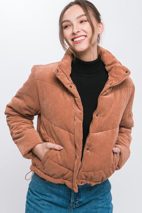 Corduroy Puffer Jacket with Toggle Detail | Love Tree | CAMEL S | Arrow Women's Boutique