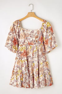 Khaki Floral Short Sleeve Square Neck Mini Dress | Arrow Boutique | | Arrow Women's Boutique