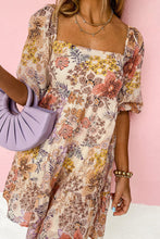 Load image into Gallery viewer, Khaki Floral Short Sleeve Square Neck Mini Dress | Arrow Boutique | Khaki S 100%Viscose | Arrow Women&#39;s Boutique