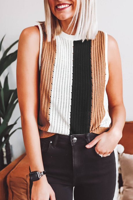 Khaki Stripe Color Block Sleeveless Knitted Sweater Vest | Arrow Boutique | Khaki Stripe S 55%Acrylic+45%Cotton | Arrow Women's Boutique