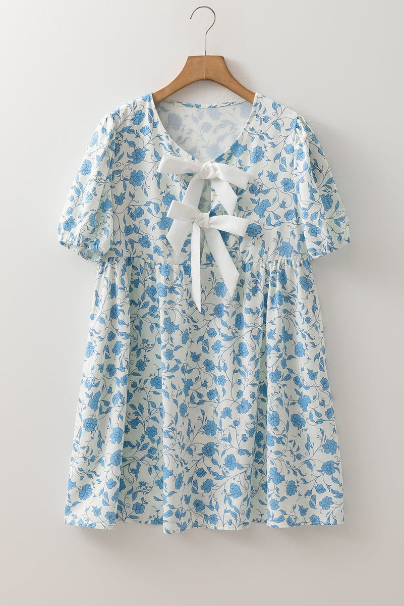 Sky Blue Floral Contrast Bow Puff Sleeve Mini Dress Sky Blue Floral Contrast Bow Puff Sleeve Mini Dress