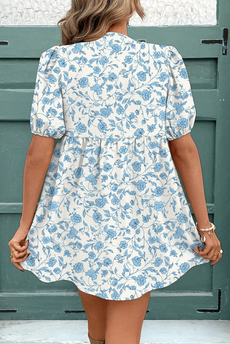 heart arrow mini dress Sky Blue Floral Contrast Bow Puff Sleeve Mini Dress, Sky Blue / M / 100%Polyester