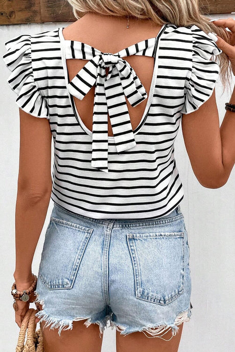 White Stripe Butterfly Sleeve V Neck Hollowed Knot Back T Shirt | Arrow Boutique | White Stripe S 95%Cotton+5%Elastane | Arrow Women's Boutique