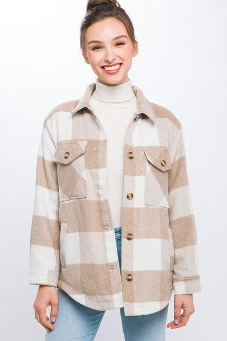 Plaid Button Down Jacket with Front Pocket Detail | Love Tree | KHAKI S | Arrow Women's Boutique