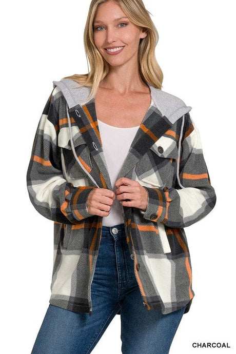 Plaid Drawstring Hooded Fleece Shacket | ZENANA | | Arrow Women's Boutique