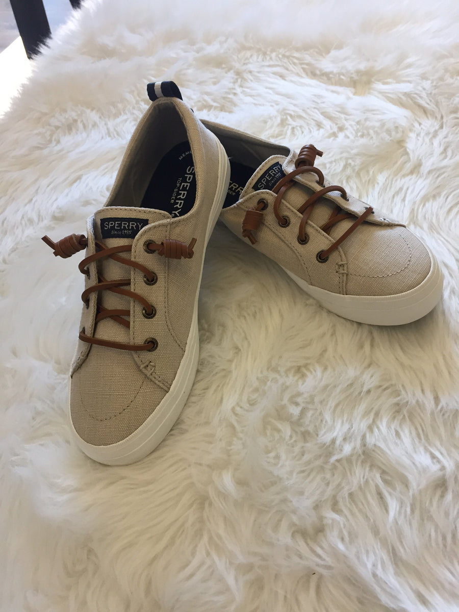 Sperry Women's Crest Vibe Canvas Sneakers - Low Top Lace-Up Fashion Shoes In Oat Color, Size 6.5