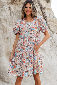 Apricot Bohemian Floral Print Short Puff Sleeve Mini Dress – Arrow Boutique
