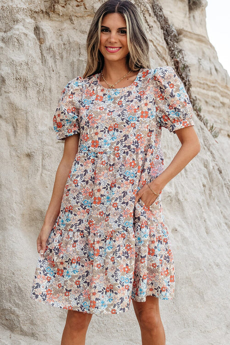 Apricot Bohemian Floral Print Short Puff Sleeve Mini Dress | Arrow Boutique | Apricot S 100%Polyester | Arrow Women's Boutique