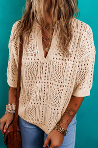 Apricot Turn-down Collar Hollowed Knit Short Sleeve Top | Arrow Boutique | | Arrow Women's Boutique