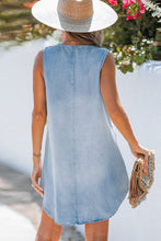Load image into Gallery viewer, Beau Blue Light Wash Split Neck Sleeveless Chambray Dress | Arrow Boutique | | Arrow Women&#39;s Boutique