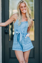 Load image into Gallery viewer, Beau Blue Spaghetti Straps Belted Denim Romper | Arrow Boutique | | Arrow Women&#39;s Boutique