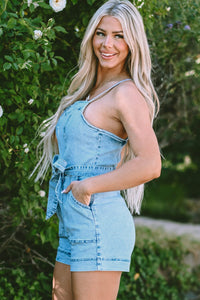 Beau Blue Spaghetti Straps Belted Denim Romper | Arrow Boutique | | Arrow Women's Boutique