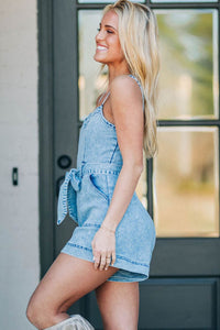 Beau Blue Spaghetti Straps Belted Denim Romper | Arrow Boutique | | Arrow Women's Boutique