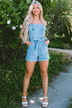 Load image into Gallery viewer, Beau Blue Spaghetti Straps Belted Denim Romper | Arrow Boutique | | Arrow Women&#39;s Boutique