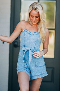 Beau Blue Spaghetti Straps Belted Denim Romper | Arrow Boutique | | Arrow Women's Boutique