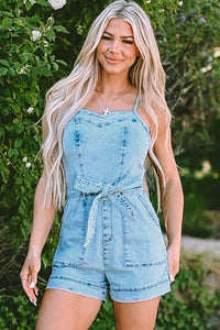 Beau Blue Spaghetti Straps Belted Denim Romper | Arrow Boutique | | Arrow Women's Boutique