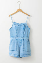 Load image into Gallery viewer, Beau Blue Spaghetti Straps Belted Denim Romper | Arrow Boutique | | Arrow Women&#39;s Boutique