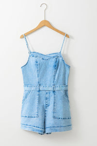 Beau Blue Spaghetti Straps Belted Denim Romper | Arrow Boutique | | Arrow Women's Boutique