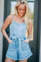 Load image into Gallery viewer, Beau Blue Spaghetti Straps Belted Denim Romper | Arrow Boutique | | Arrow Women&#39;s Boutique