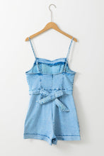 Load image into Gallery viewer, Beau Blue Spaghetti Straps Belted Denim Romper | Arrow Boutique | | Arrow Women&#39;s Boutique