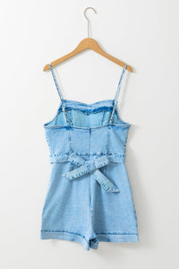 Beau Blue Spaghetti Straps Belted Denim Romper | Arrow Boutique | | Arrow Women's Boutique