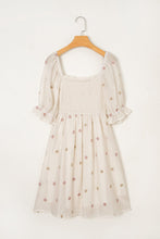 Load image into Gallery viewer, Beige Embroidered Flower Smocked Bust Half Puff Sleeve Empire Waist Textured Flowy Dress | Arrow Boutique | | Arrow Women&#39;s Boutique