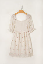 Load image into Gallery viewer, Beige Embroidered Flower Smocked Bust Half Puff Sleeve Empire Waist Textured Flowy Dress | Arrow Boutique | | Arrow Women&#39;s Boutique