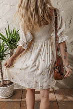 Load image into Gallery viewer, Beige Embroidered Flower Smocked Bust Half Puff Sleeve Empire Waist Textured Flowy Dress | Arrow Boutique | | Arrow Women&#39;s Boutique