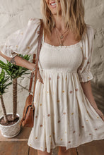 Load image into Gallery viewer, Beige Embroidered Flower Smocked Bust Half Puff Sleeve Empire Waist Textured Flowy Dress | Arrow Boutique | Beige S 85%Lyocell+15%Polyamide | Arrow Women&#39;s Boutique