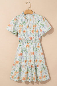 Beige Floral Print Shirred High Waist Puff Sleeve Mini Dress | Arrow Boutique | | Arrow Women's Boutique