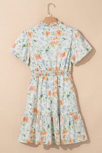 Beige Floral Print Shirred High Waist Puff Sleeve Mini Dress | Arrow Boutique | | Arrow Women's Boutique