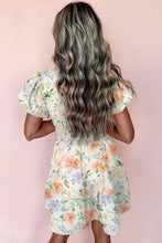 Load image into Gallery viewer, Beige Floral Print Shirred High Waist Puff Sleeve Mini Dress | Arrow Boutique | | Arrow Women&#39;s Boutique