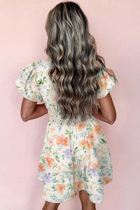 Beige Floral Print Shirred High Waist Puff Sleeve Mini Dress | Arrow Boutique | | Arrow Women's Boutique