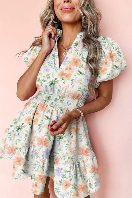 Beige Floral Print Shirred High Waist Puff Sleeve Mini Dress | Arrow Boutique | Beige S 100%Cotton | Arrow Women's Boutique