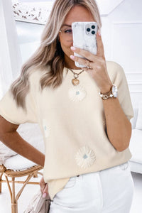 Beige Flower Pattern Short Sleeve Knitted Top | Arrow Boutique | | Arrow Women's Boutique