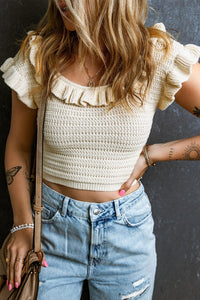 Beige Ruffled Neckline Knitted Short Sleeve Crop Top | Arrow Boutique | | Arrow Women's Boutique