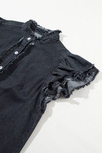 Black Button Front Ruffled Flutter Frayed Denim Top | Arrow Boutique | | Arrow Women's Boutique