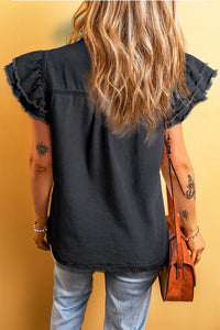 Black Button Front Ruffled Flutter Frayed Denim Top | Arrow Boutique | | Arrow Women's Boutique