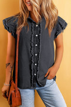 Load image into Gallery viewer, Black Button Front Ruffled Flutter Frayed Denim Top | Arrow Boutique | | Arrow Women&#39;s Boutique