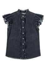 Load image into Gallery viewer, Black Button Front Ruffled Flutter Frayed Denim Top | Arrow Boutique | | Arrow Women&#39;s Boutique