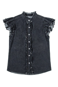 Black Button Front Ruffled Flutter Frayed Denim Top | Arrow Boutique | | Arrow Women's Boutique