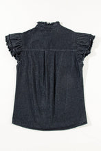 Load image into Gallery viewer, Black Button Front Ruffled Flutter Frayed Denim Top | Arrow Boutique | | Arrow Women&#39;s Boutique