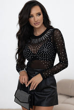 Load image into Gallery viewer, Black Rhinestone Sheer Mesh Long Sleeve Bodysuit | Arrow Boutique | | Arrow Women&#39;s Boutique