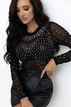 Load image into Gallery viewer, Black Rhinestone Sheer Mesh Long Sleeve Bodysuit | Arrow Boutique | | Arrow Women&#39;s Boutique