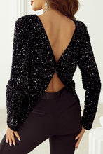 Load image into Gallery viewer, Black Sequin Long Sleeve Cutout Back Top | Arrow Boutique | | Arrow Women&#39;s Boutique