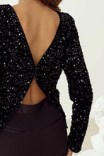 Load image into Gallery viewer, Black Sequin Long Sleeve Cutout Back Top | Arrow Boutique | | Arrow Women&#39;s Boutique