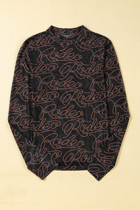 Black Western Rodeo Printed Mock Neck Long Sleeve Mesh Top | Arrow Boutique | | Arrow Women's Boutique