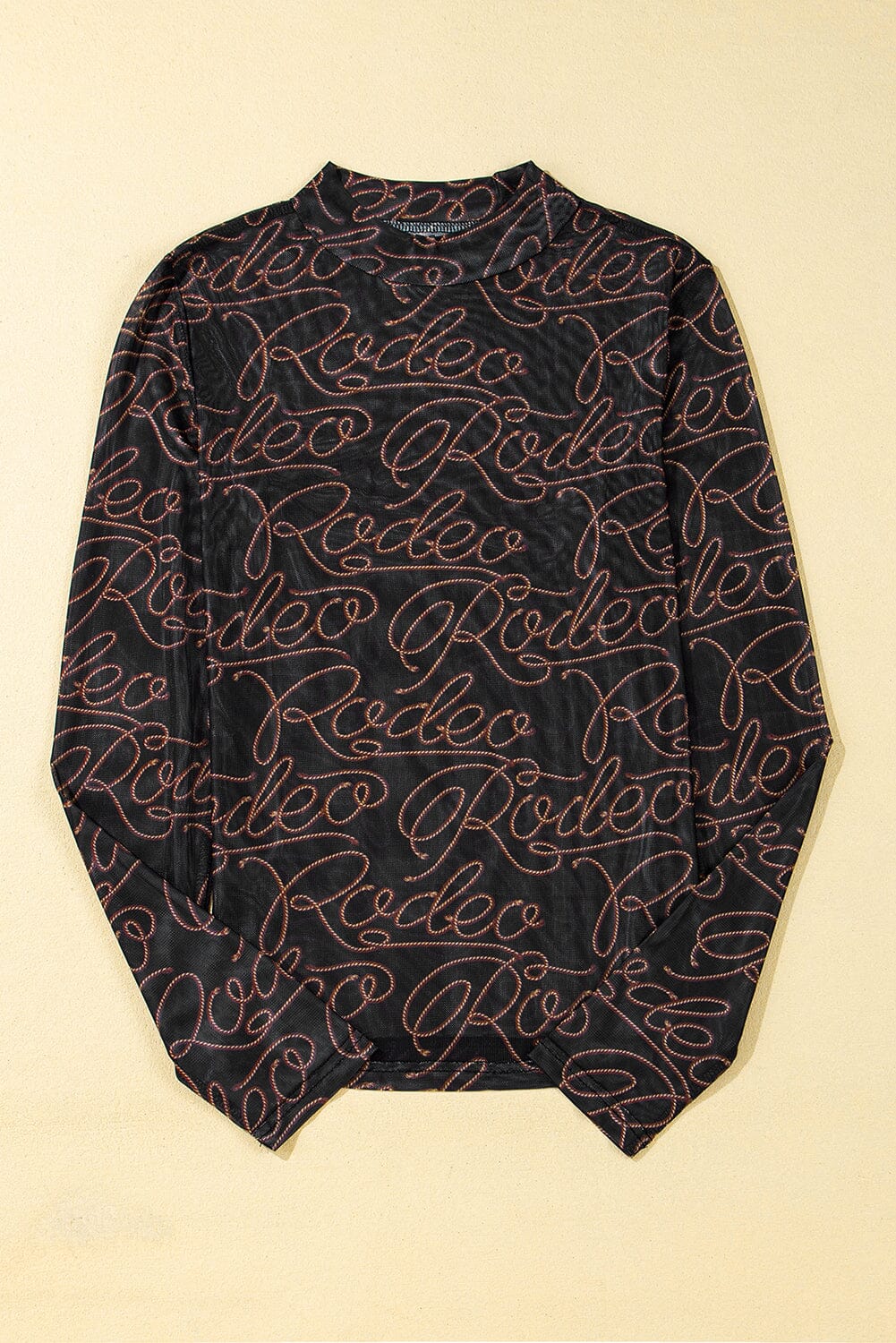 Black Western Rodeo Printed Mock Neck Long Sleeve Mesh Top | Arrow Boutique | | Arrow Women's Boutique