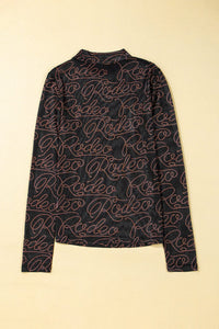Black Western Rodeo Printed Mock Neck Long Sleeve Mesh Top | Arrow Boutique | | Arrow Women's Boutique