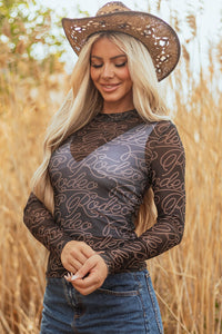Black Western Rodeo Printed Mock Neck Long Sleeve Mesh Top | Arrow Boutique | | Arrow Women's Boutique